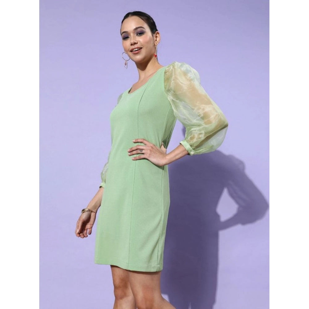 Seduva Women's Organza And Polyester Lycra Solid Long Sleeves Dress (Green)
