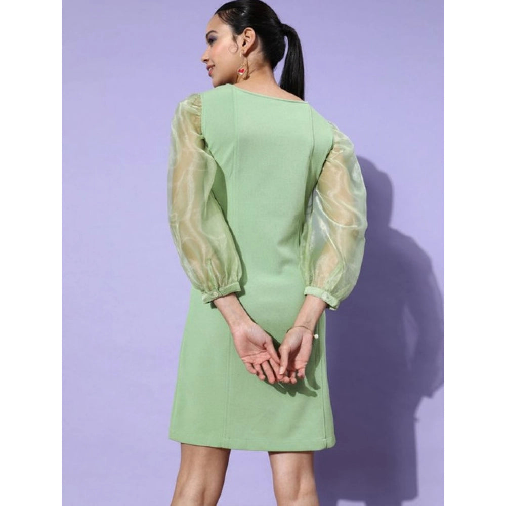Seduva Women's Organza And Polyester Lycra Solid Long Sleeves Dress (Green)