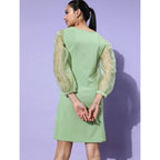 Seduva Women's Organza And Polyester Lycra Solid Long Sleeves Dress (Green)