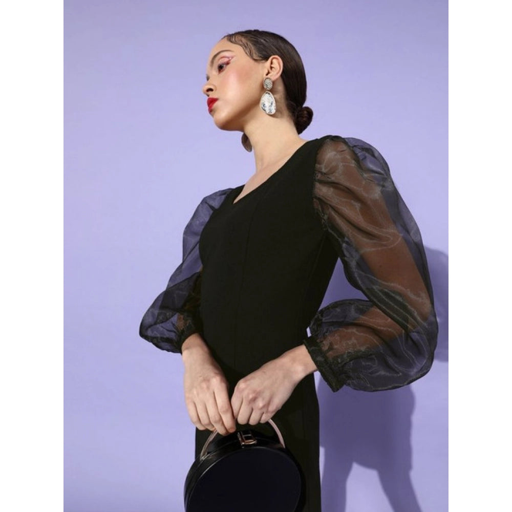 Seduva Women's Organza And Polyester Lycra Solid Long Sleeves Dress (Black)