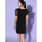 Seduva Women's Organza And Polyester Lycra Floral Short Sleeve Dress (Black)