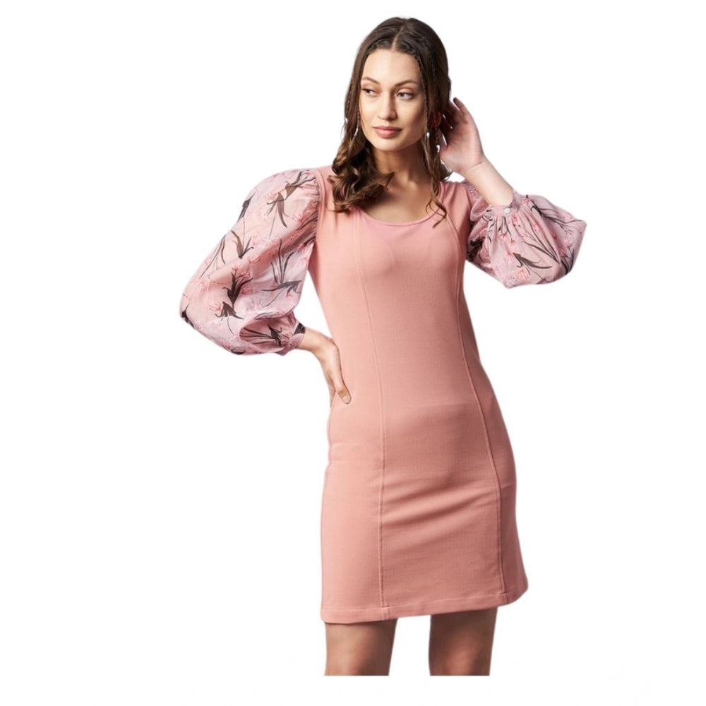Seduva Women's Polyester Lycra And Organza Floral Balloon Sleeve Dress (Pink)