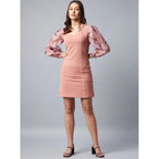 Seduva Women's Polyester Lycra And Organza Floral Balloon Sleeve Dress (Pink)