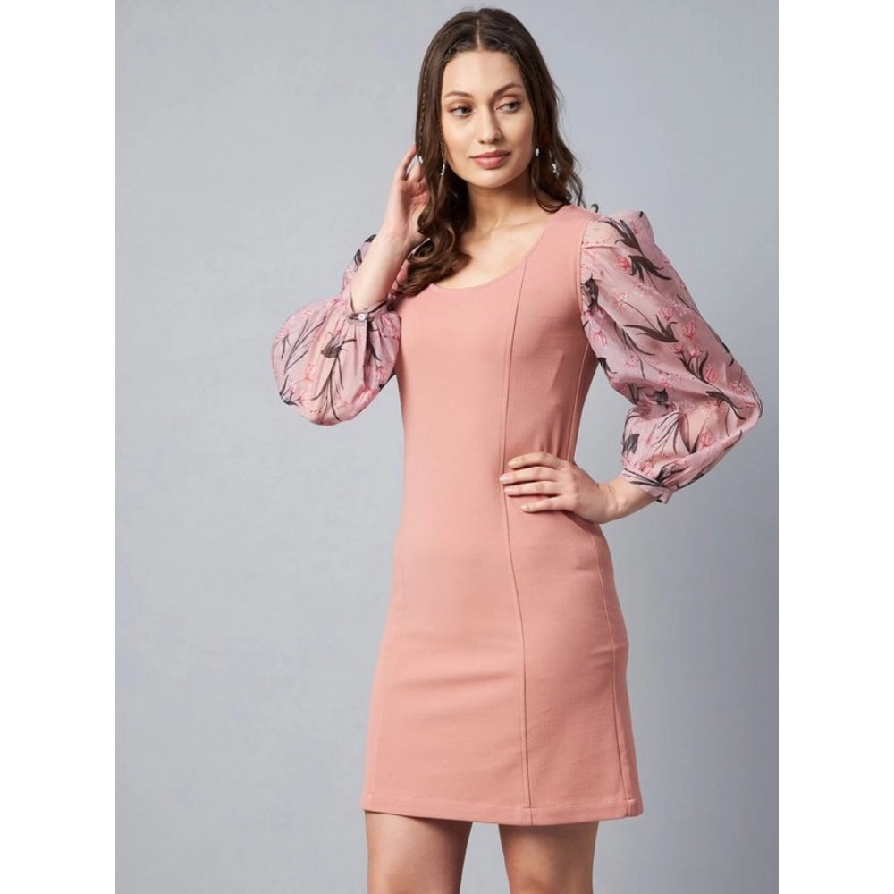 Seduva Women's Polyester Lycra And Organza Floral Balloon Sleeve Dress (Pink)