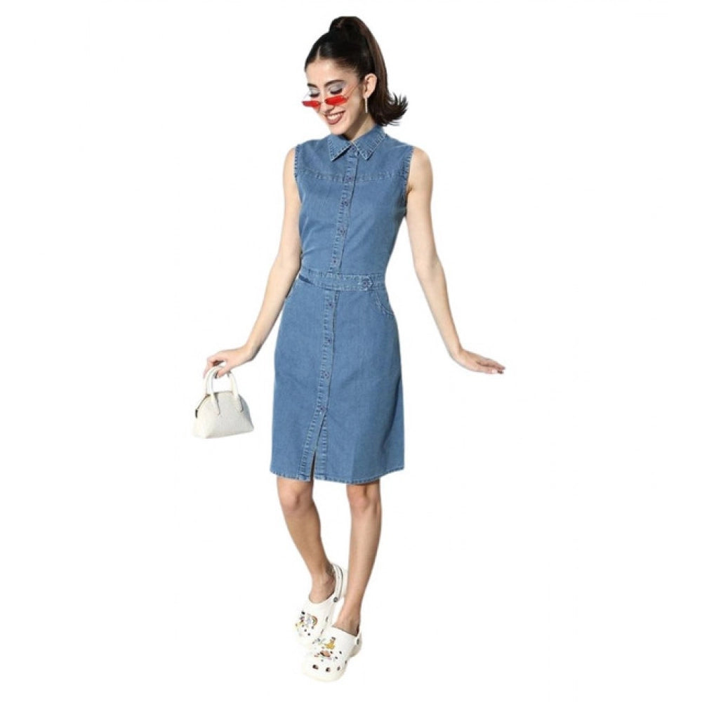 Seduva Women's Denim Solid Sleeveless Dress (Blue)
