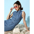 Seduva Women's Denim Solid Sleeveless Dress (Blue)