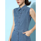 Seduva Women's Denim Solid Sleeveless Dress (Blue)