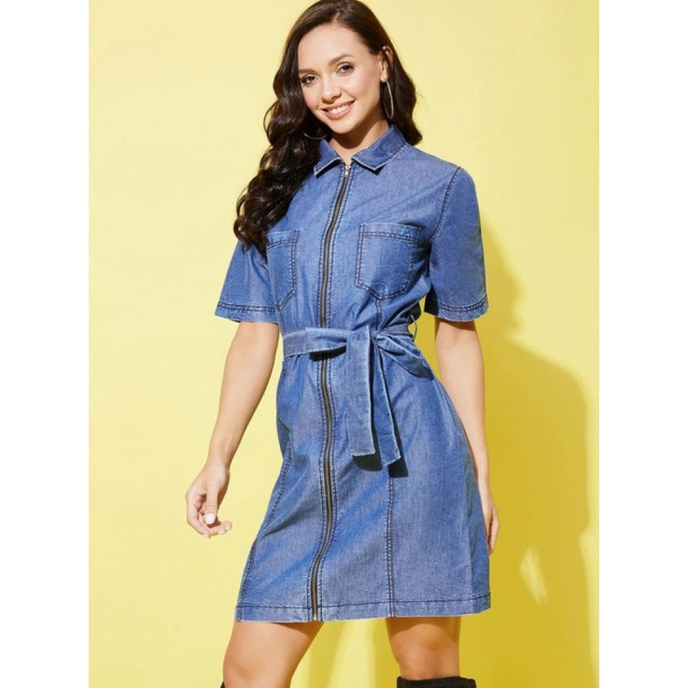 Seduva Women's Denim Solid Half Sleeve Dress (Blue)