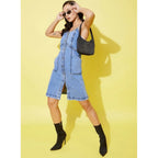 Seduva Women's Denim Solid Sleeveless Dress (Blue)