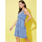 Seduva Women's Denim Solid Sleeveless Dress (Blue)