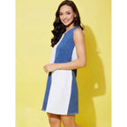 Seduva Women's Denim Color Blocking Sleeveless Dress (Blue)
