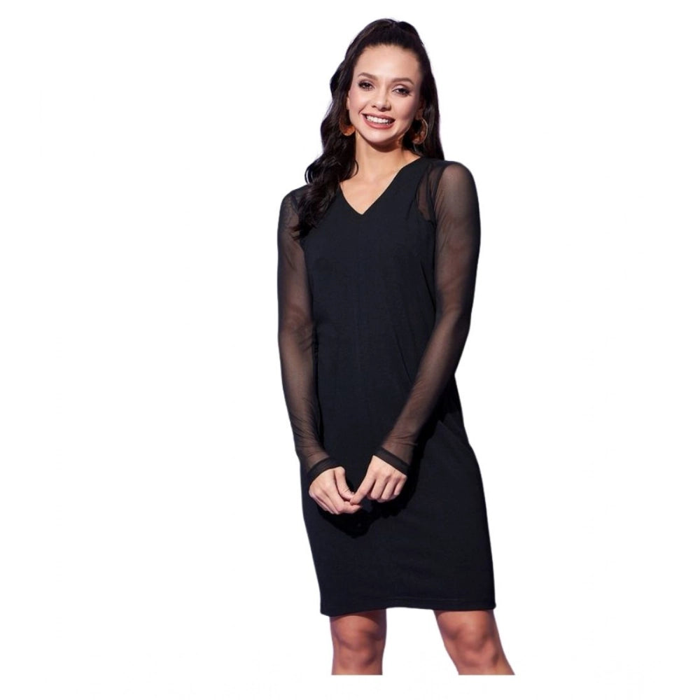 Seduva Women's Polyester And Net Solid Long Sleeves Dress (Black)