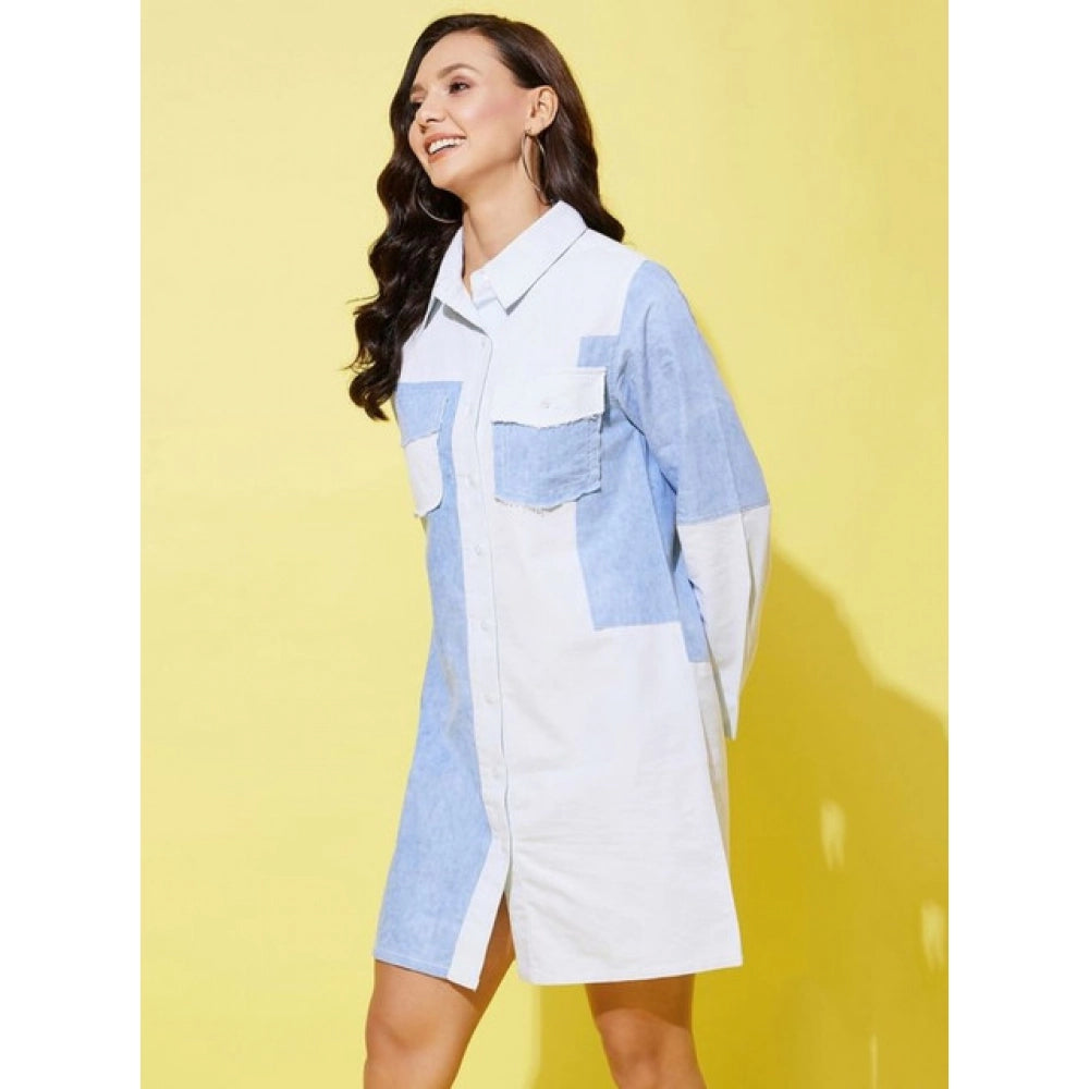 Seduva Women's Denim Solid Long Sleeves Dress (Blue)