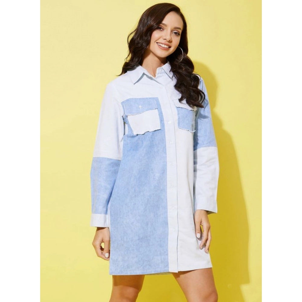 Seduva Women's Denim Solid Long Sleeves Dress (Blue)