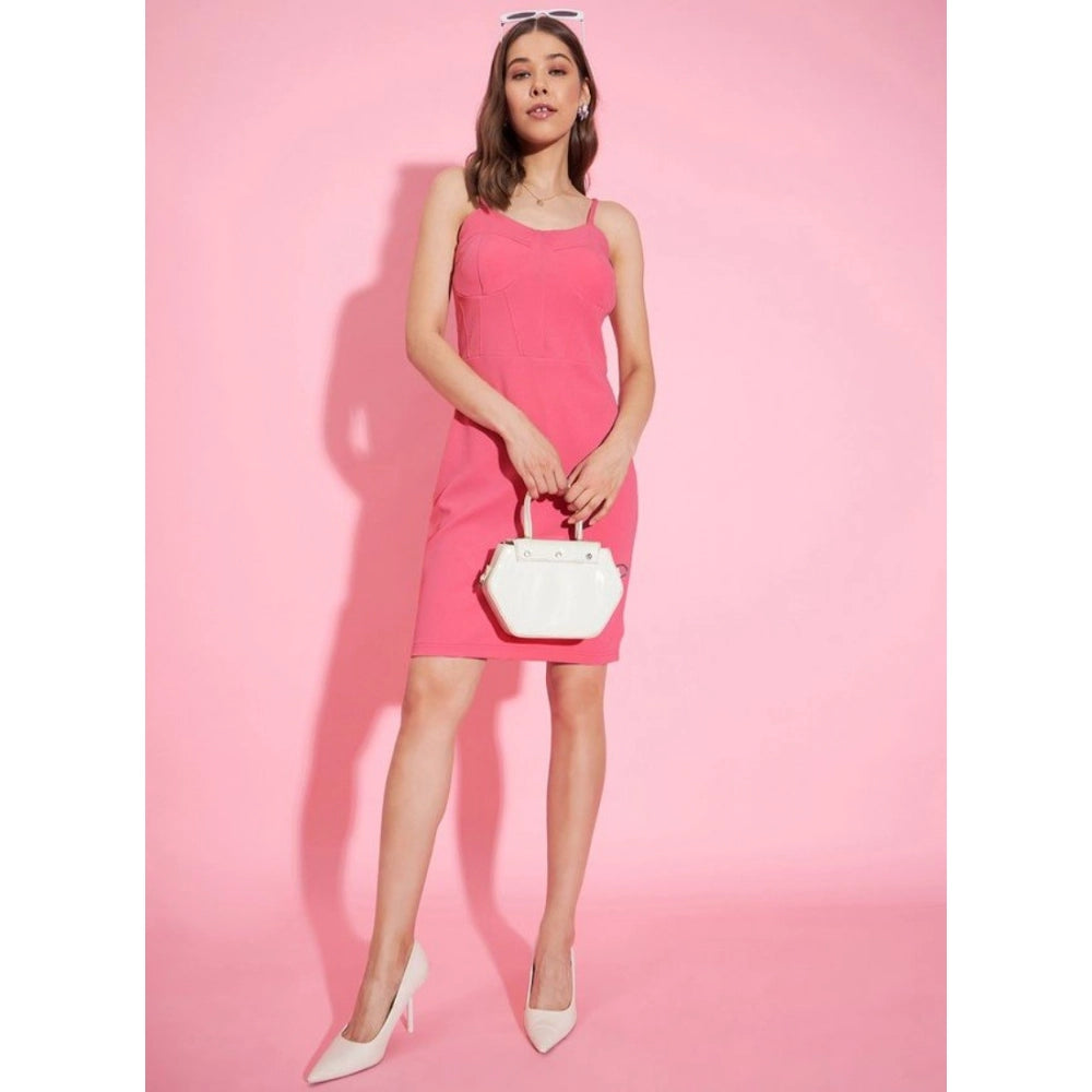 Seduva Women's Polyester Lycra Solid Shoulder Straps Dress (Pink)