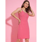 Seduva Women's Polyester Lycra Solid Shoulder Straps Dress (Pink)