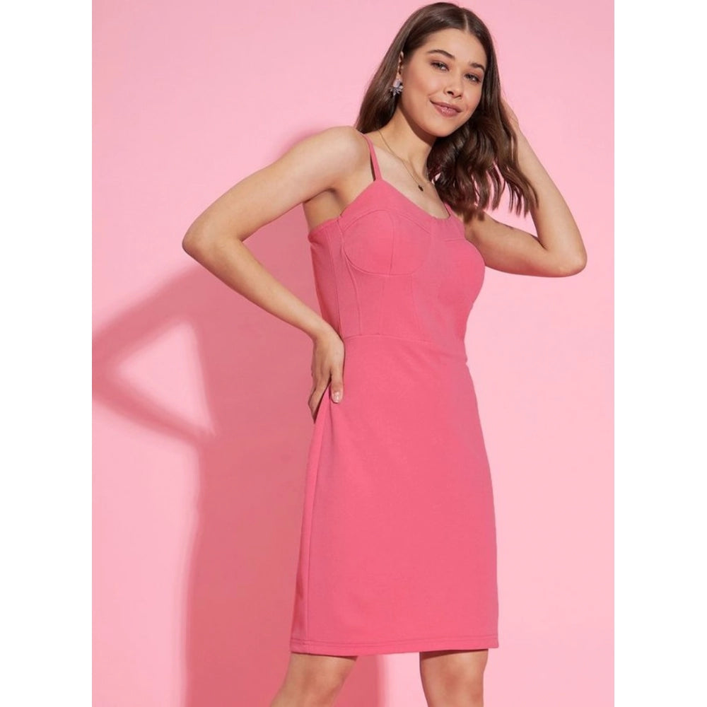 Seduva Women's Polyester Lycra Solid Shoulder Straps Dress (Pink)