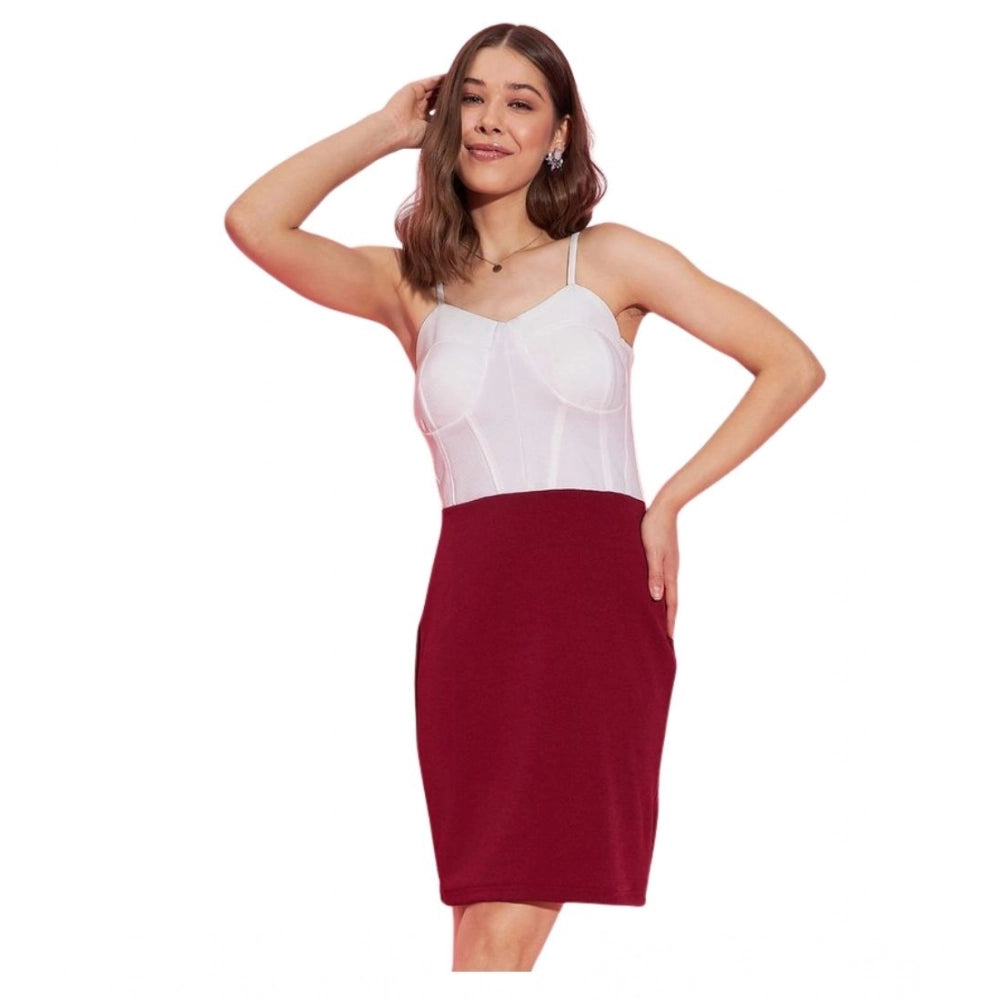 Seduva Women's Polyester Lycra Color Blocking Shoulder Straps Dress (White - Maroon)