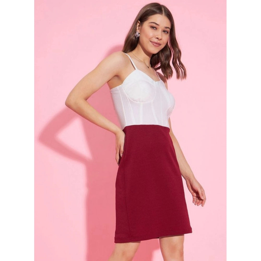 Seduva Women's Polyester Lycra Color Blocking Shoulder Straps Dress (White - Maroon)