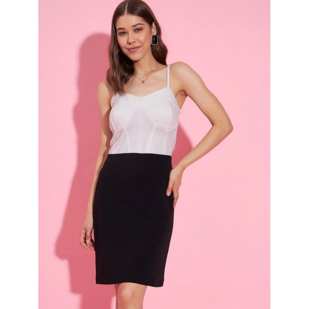 Seduva Women's Polyester Lycra Color Blocking Shoulder Straps Dress (White - Black)
