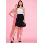 Seduva Women's Polyester Lycra Color Blocking Shoulder Straps Dress (White - Black)