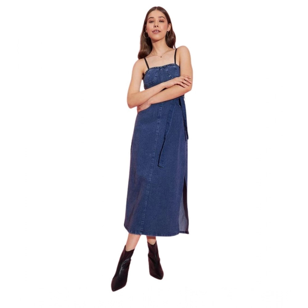 Seduva Women's Denim Solid Shoulder Straps Dress (Blue)