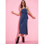 Seduva Women's Denim Solid Shoulder Straps Dress (Blue)