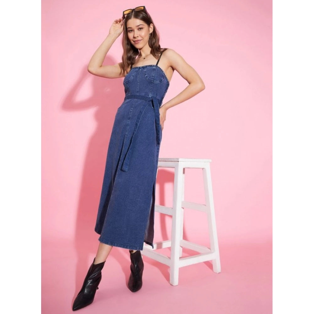 Seduva Women's Denim Solid Shoulder Straps Dress (Blue)
