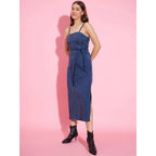 Seduva Women's Denim Solid Shoulder Straps Dress (Blue)