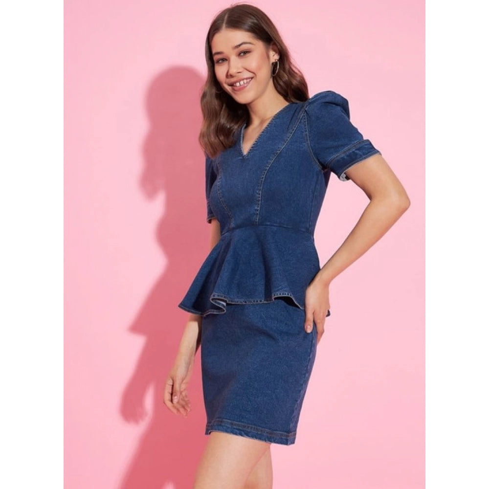 Seduva Women's Denim Solid Puff Sleeves Dress (Blue)