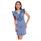 Seduva Women's Denim Solid Flutter Sleeve Dress (Blue)
