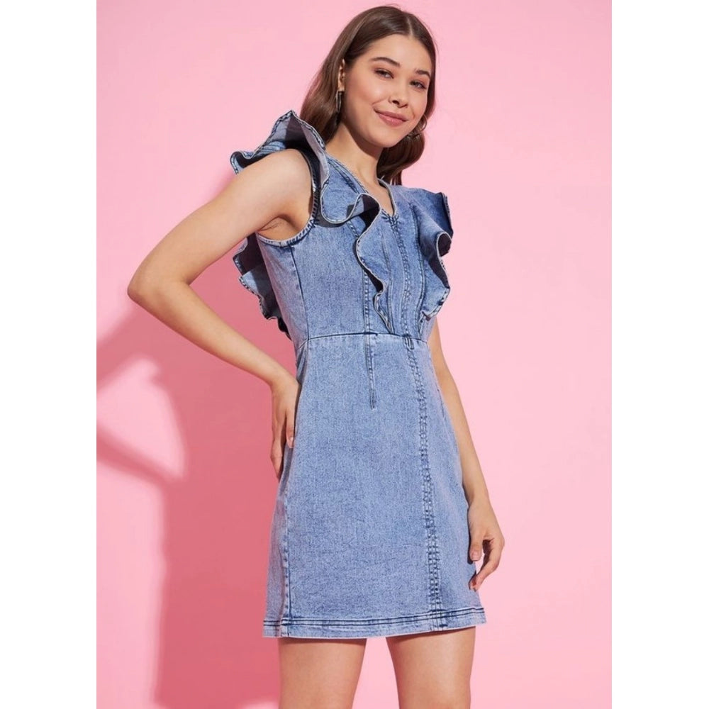 Seduva Women's Denim Solid Flutter Sleeve Dress (Blue)