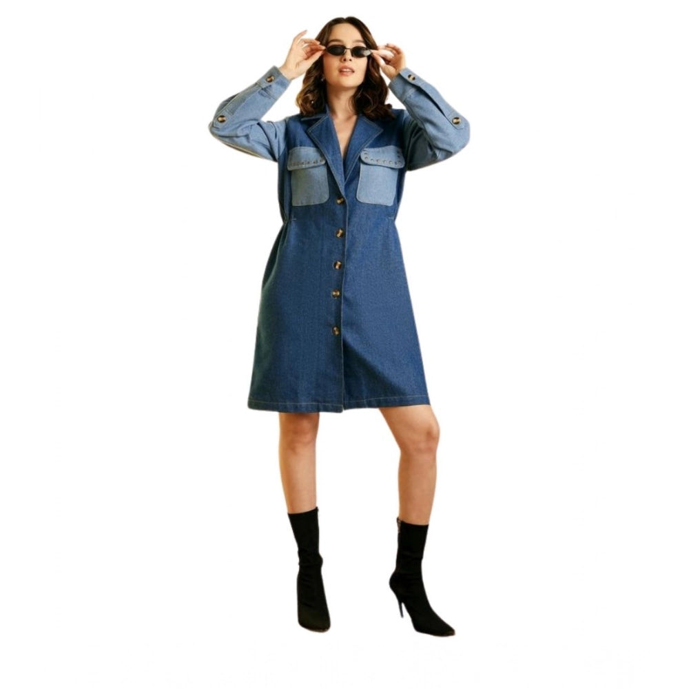 Seduva Women's Denim Color Blocking Roll Up Dress (Blue)
