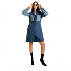 Seduva Women's Denim Color Blocking Roll Up Dress (Blue)
