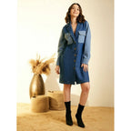Seduva Women's Denim Color Blocking Roll Up Dress (Blue)