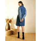 Seduva Women's Denim Color Blocking Roll Up Dress (Blue)