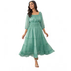 Seduva Women's Chiffon Solid Puff Sleeve Dress (Green)