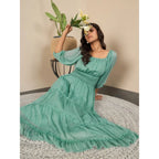 Seduva Women's Chiffon Solid Puff Sleeve Dress (Green)