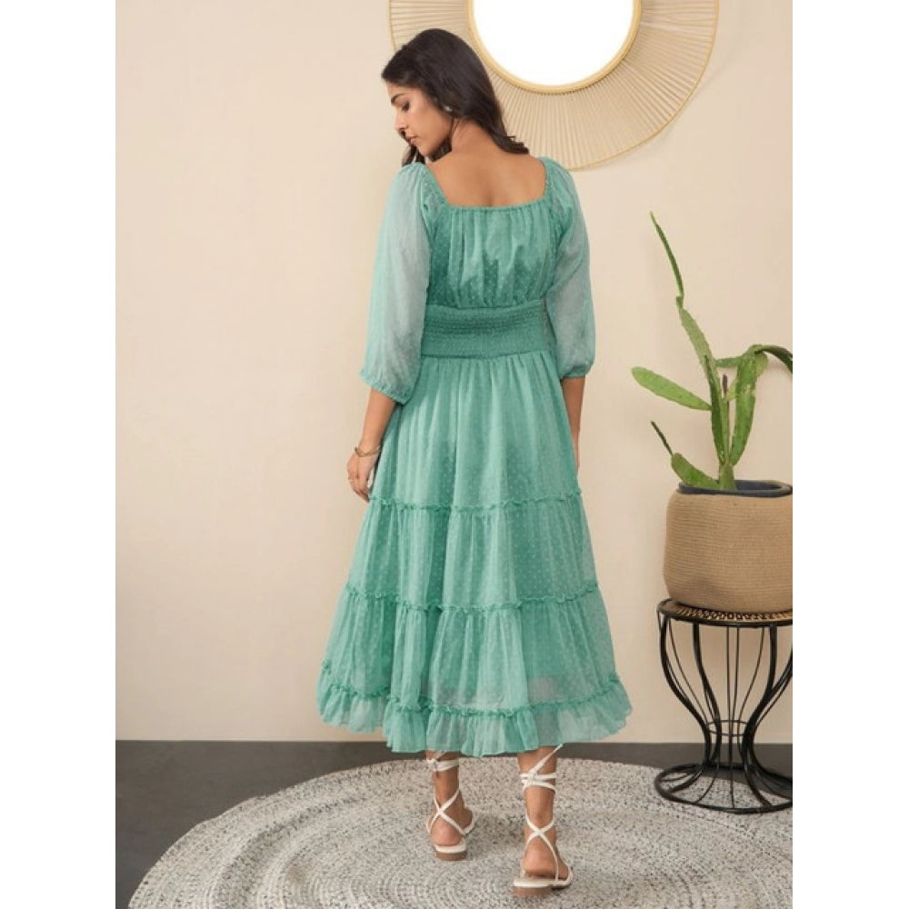 Seduva Women's Chiffon Solid Puff Sleeve Dress (Green)