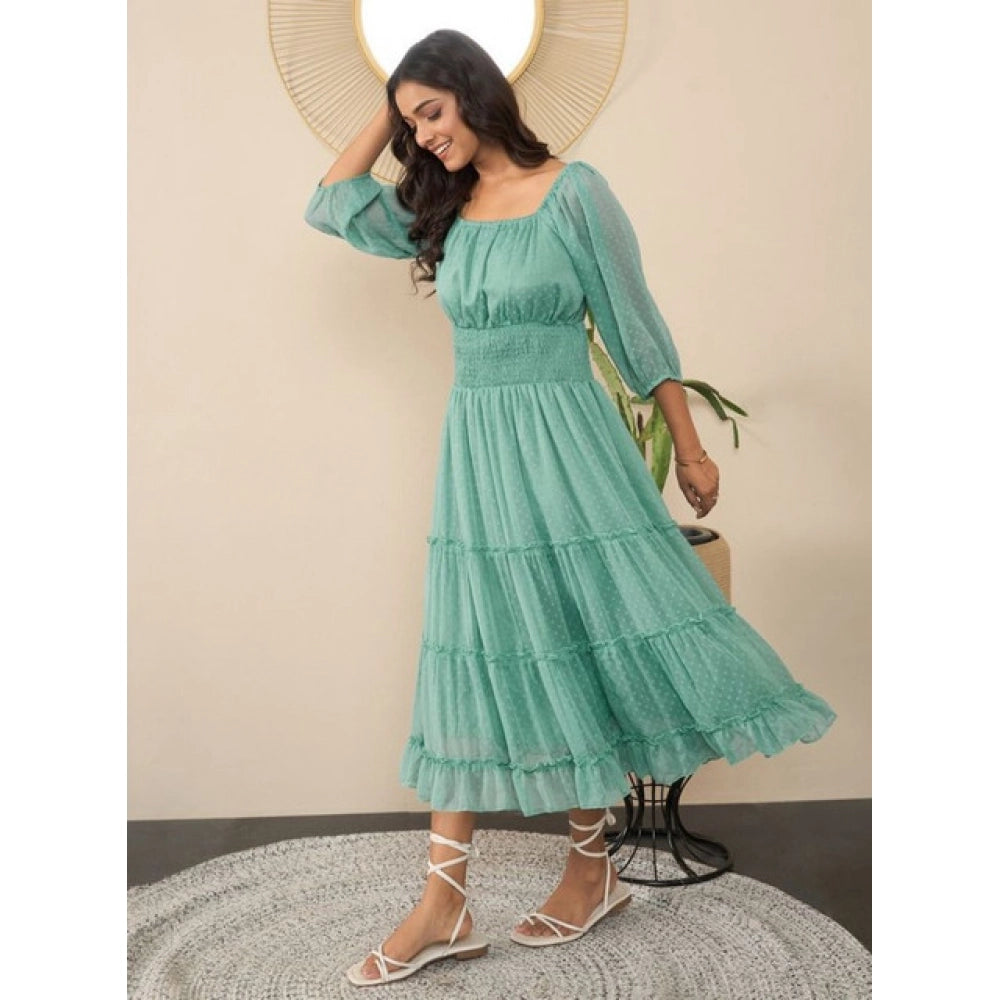 Seduva Women's Chiffon Solid Puff Sleeve Dress (Green)