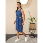 Seduva Women's Denim Solid Sleeveless Dress (Blue)