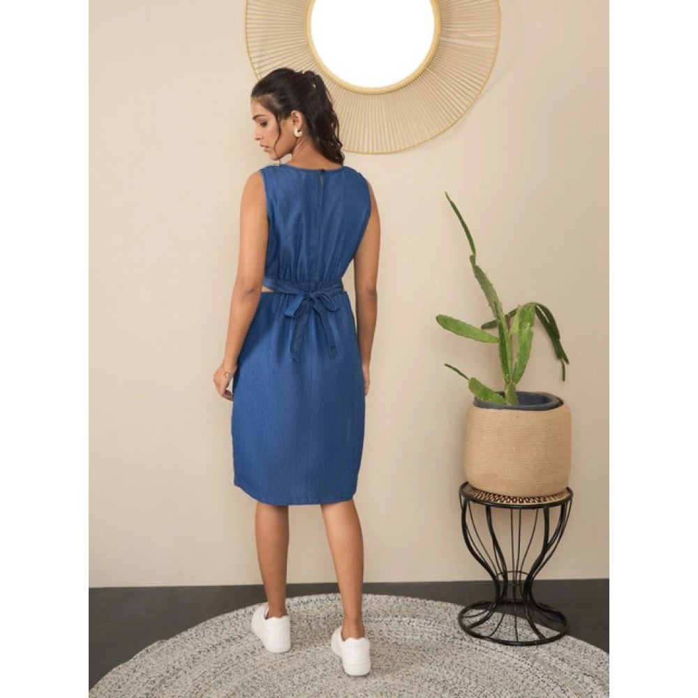 Seduva Women's Denim Solid Sleeveless Dress (Blue)