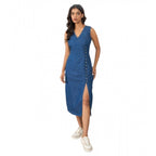 Seduva Women's Denim Solid Sleeveless Dress (Blue)
