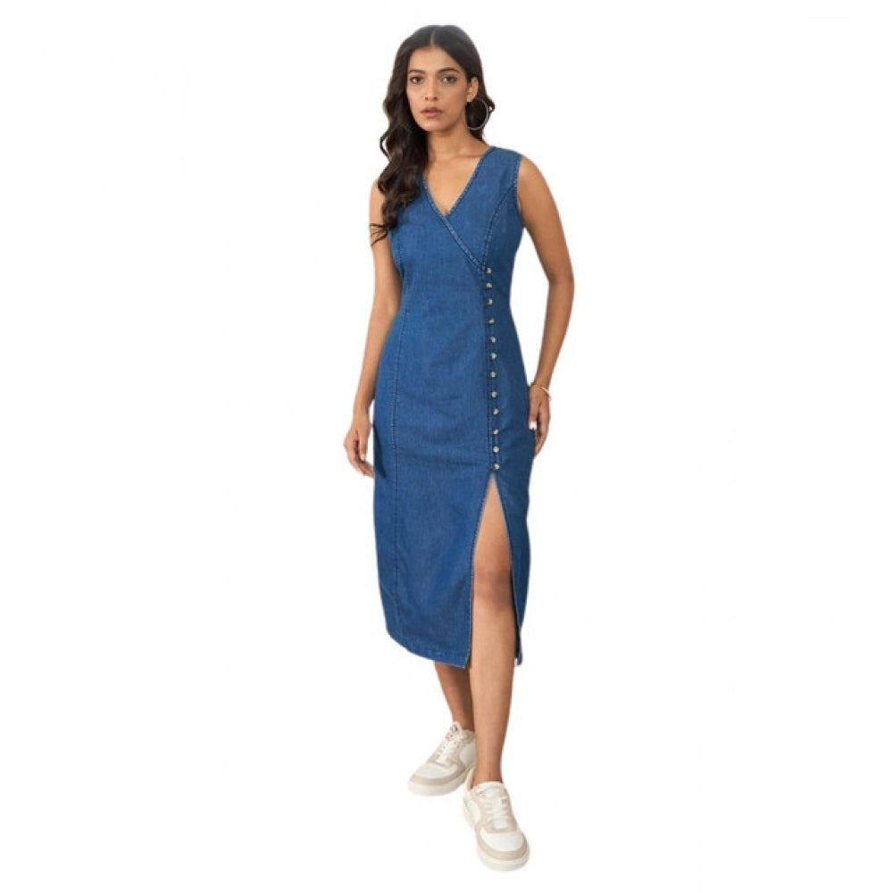 Seduva Women's Denim Solid Sleeveless Dress (Blue)