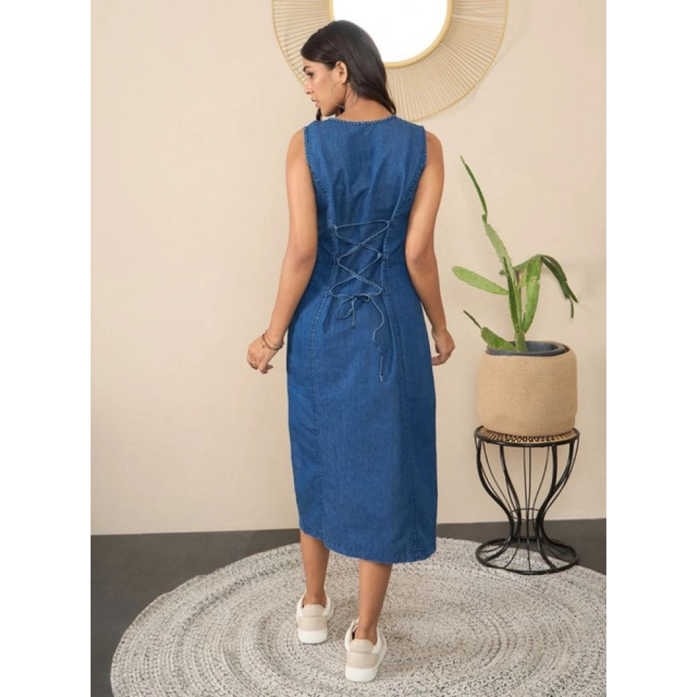 Seduva Women's Denim Solid Sleeveless Dress (Blue)