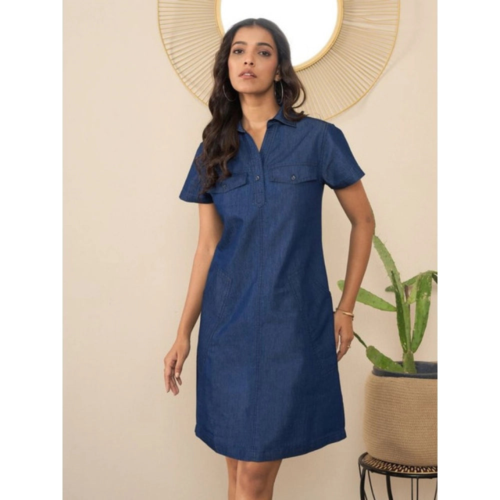 Seduva Women's Denim Solid Sleeveless Dress (Blue)