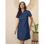 Seduva Women's Denim Solid Sleeveless Dress (Blue)