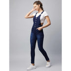 Seduva Women's Denim Lycra Solid Buttoned Dungaree (Navy)
