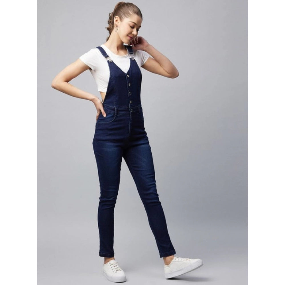 Seduva Women's Denim Lycra Solid Buttoned Dungaree (Navy)