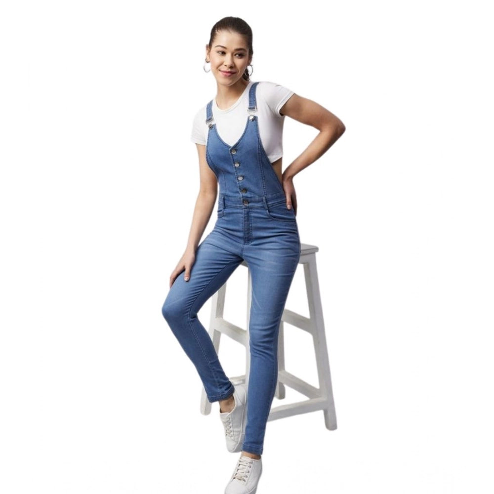 Seduva Women's Denim Lycra Solid Buttoned Dungaree (Ice Blue)